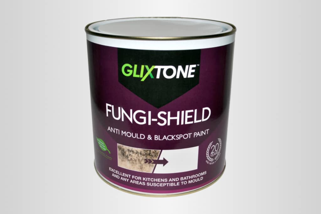 Can of Glixtone Fungi-Shield anti-mould paint on pale grey background.