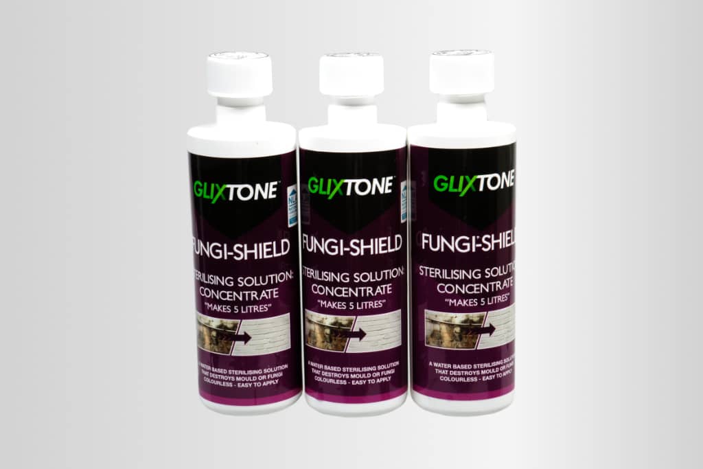 Bottles of Glixtone Fungi-Shield Sterilising Solution on pale grey background.