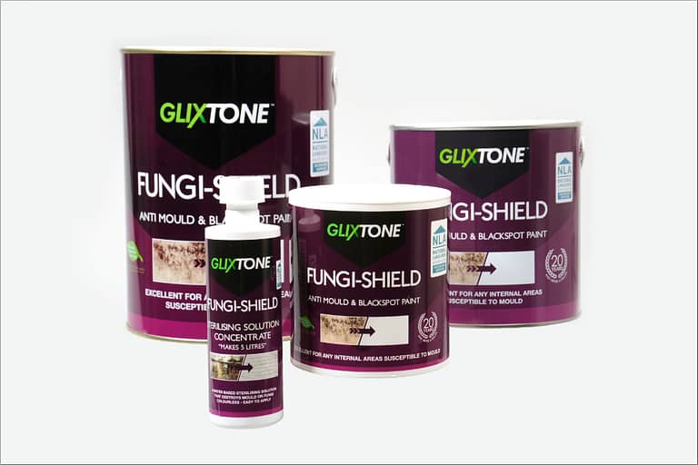 Glixtone Fungi-Shield and Sterilising Solution cans of paint.