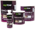 Containers of Glixtone Fungi-Shield Anti Mould Paint and Sterilising Solution.